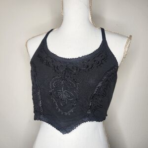 Vintage My Choice OS Black Halter Embroidered Crop Tie Top